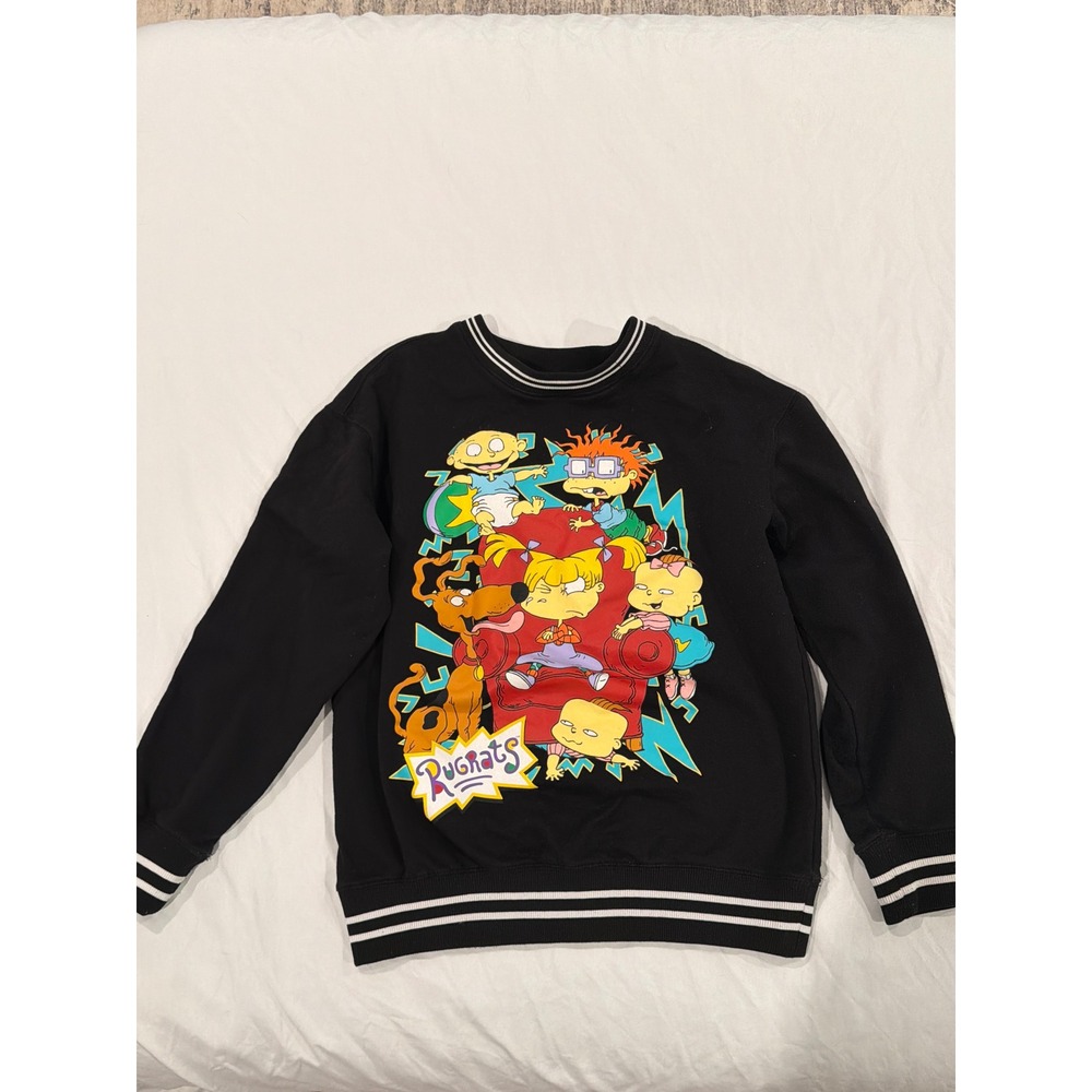 Nickelodeon Rugrats Graphic Sweatshirt Black Striped Trim Small 90s Cartoon